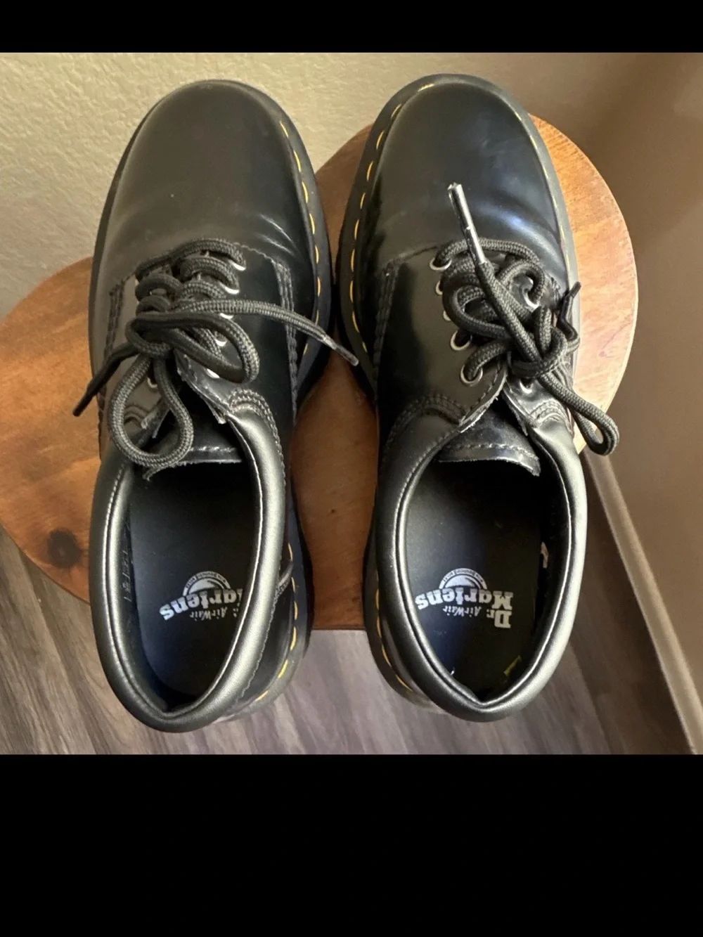 Dr. Martens Black Smooth Leather Lace-Up Oxfords with Yellow Stitching